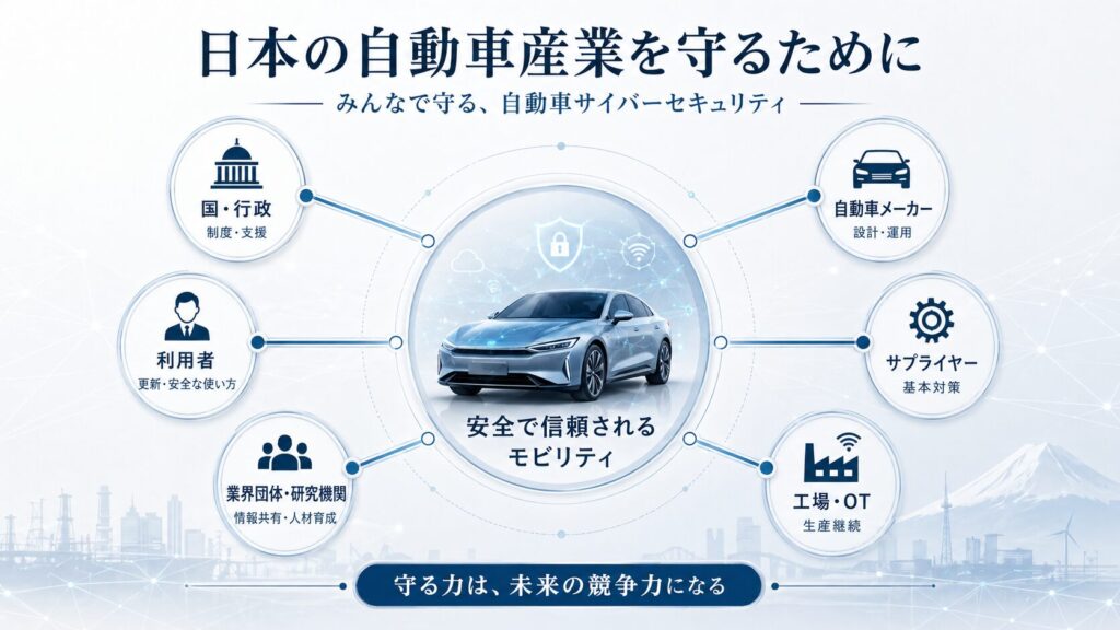 日本の自動車産業を守るための関係者の役割を示す図。国や行政、自動車メーカー、サプライヤー、工場、業界団体、利用者が自動車サイバーセキュリティに関わることを表している