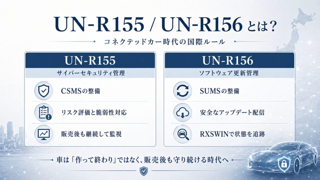 UN-R155とUN-R156の違いを説明する図。UN-R155はサイバーセキュリティ管理、UN-R156はソフトウェア更新管理を扱う国際ルールであることを示している