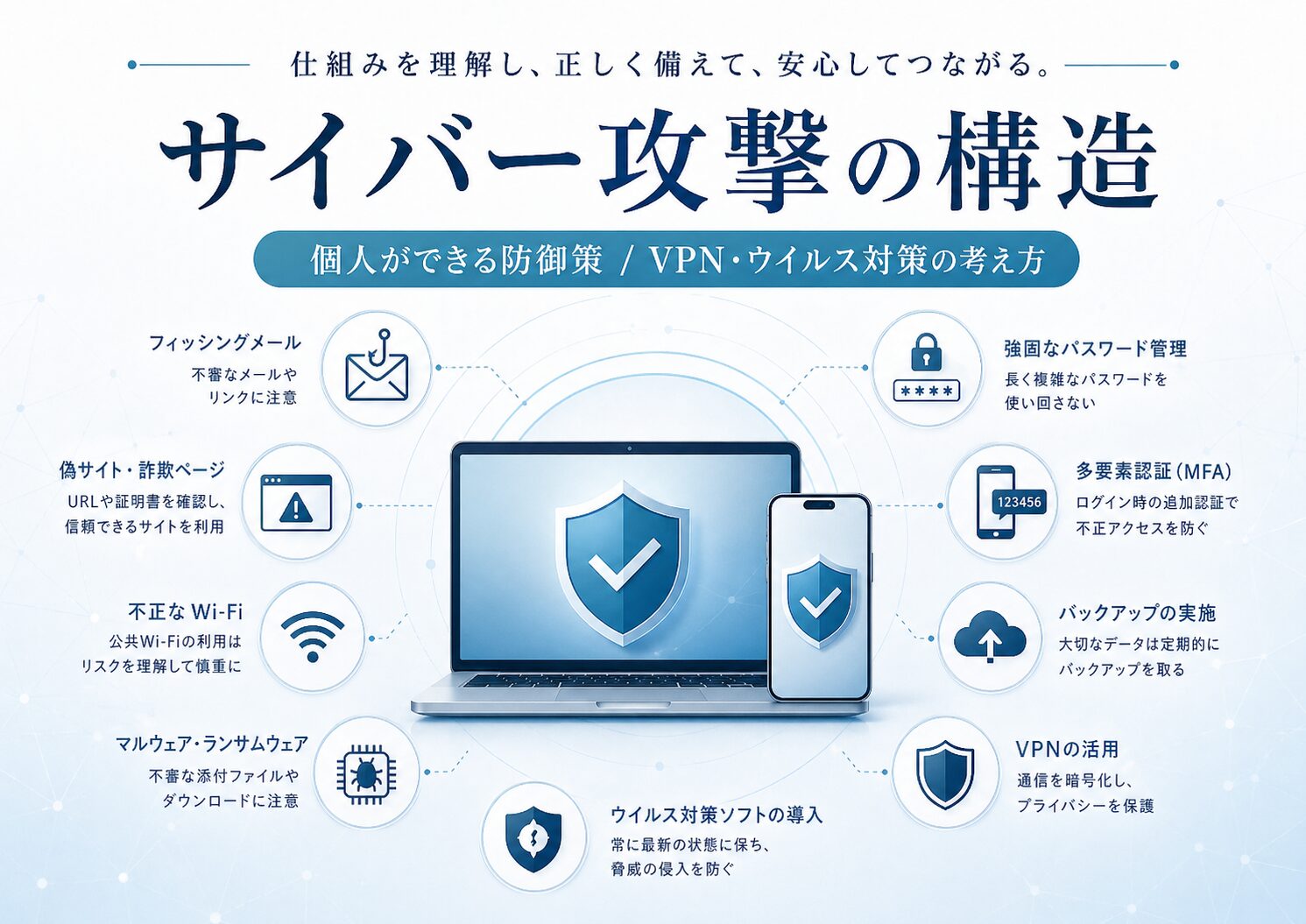 サイバー攻撃の構造と個人ができる防御策を示すアイキャッチ画像。フィッシングメール、偽サイト、公共Wi-Fi、マルウェア、パスワード管理、多要素認証、バックアップ、VPN、ウイルス対策ソフトを整理している