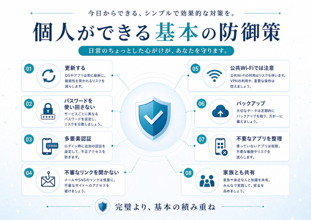 個人ができる基本のサイバーセキュリティ対策を示す図。OSやアプリの更新、パスワードの使い回し防止、多要素認証、不審なリンクを開かない、公共Wi-Fiへの注意、バックアップ、不要なアプリの整理、家族との共有を説明している