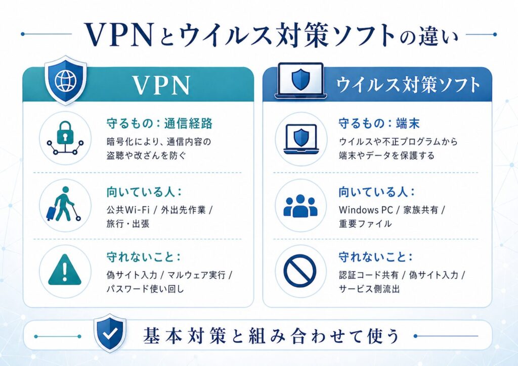 VPNとウイルス対策ソフトの違いを比較した図。VPNは通信経路を守り、公共Wi-Fiや外出先作業に向いている一方、偽サイト入力やマルウェア実行、パスワード使い回しは防げないことを示している。ウイルス対策ソフトは端末を守り、Windows PCや家族共有、重要ファイルの保護に向いていることを示している