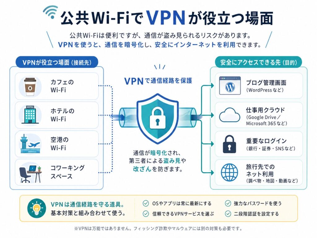 VPNが役立つ場面を説明する図。カフェやホテル、空港などの公共Wi-Fi環境で、通信を暗号化された経路に通すことで、外出先でのブログ管理やクラウドサービス利用時の通信リスクを下げることを示している