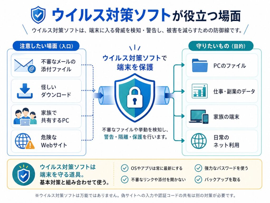 ウイルス対策ソフトが役立つ場面を説明する図。不審なメールの添付ファイル、怪しいダウンロード、家族で共有するPC、危険なWebサイトなどの入口に対して、PCのファイル、仕事や副業のデータ、家族の端末、日常のネット利用を守るための防御線であることを示している