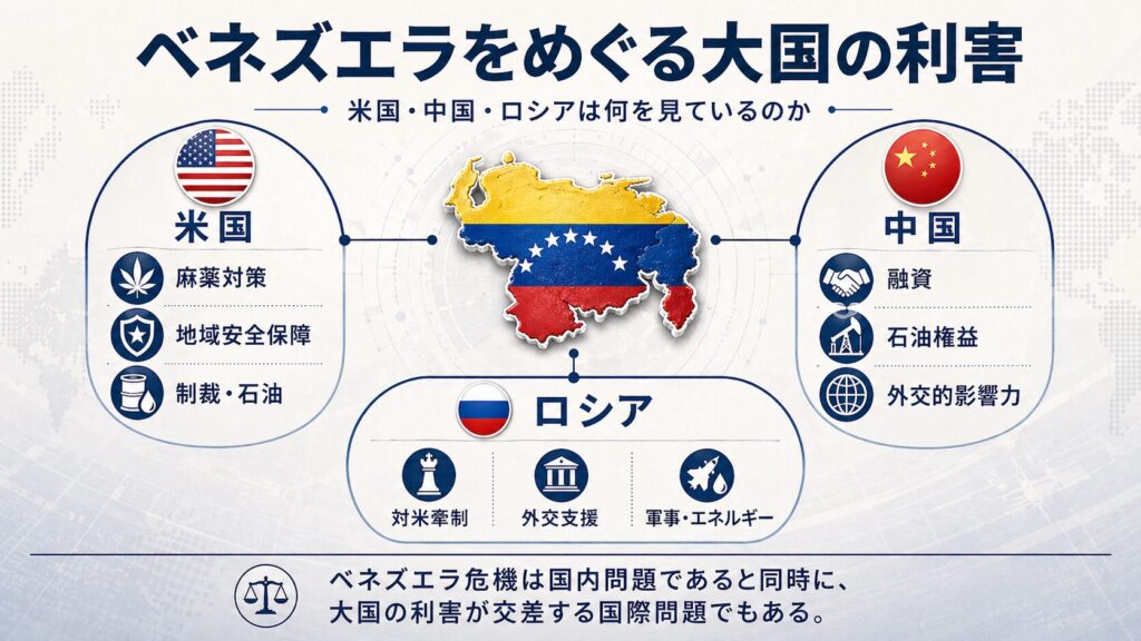 ベネズエラをめぐる大国の利害を示す図。米国は麻薬対策・地域安全保障・制裁と石油、中国は融資・石油権益・外交的影響力、ロシアは対米牽制・外交支援・軍事とエネルギーの観点からベネズエラを見ていることを整理している