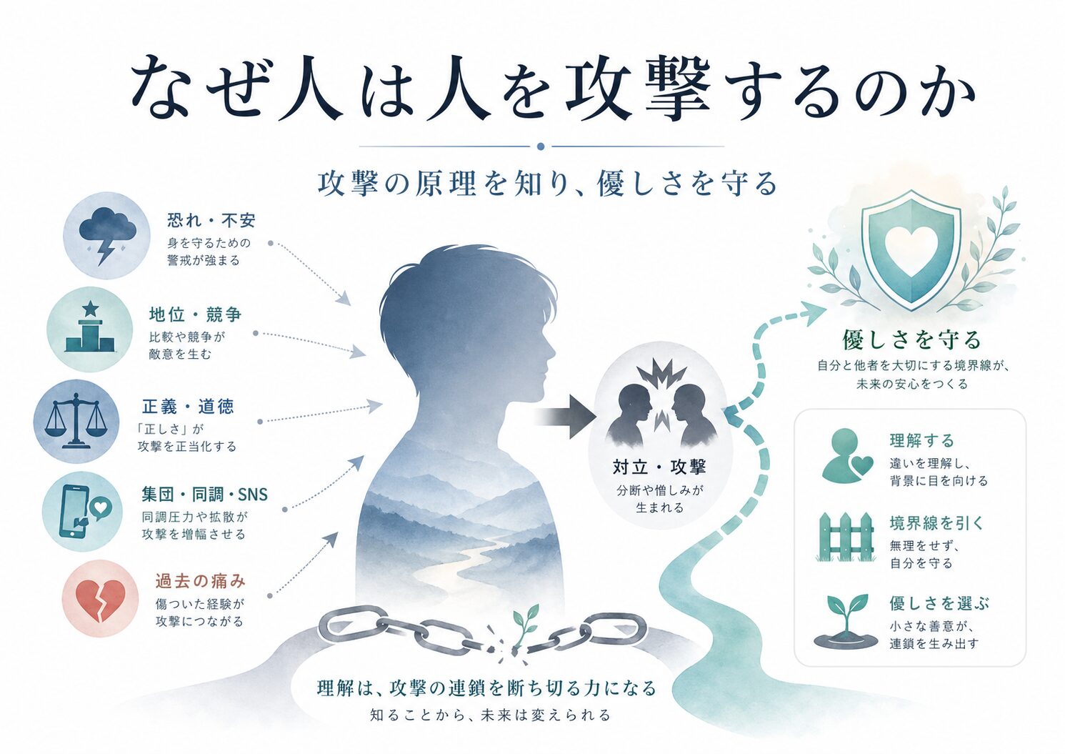 なぜ人は人を攻撃するのかを示すアイキャッチ画像。恐れ、不安、地位競争、正義感、集団心理、過去の痛みが攻撃につながり、理解と境界線によって優しさを守る流れを表している
