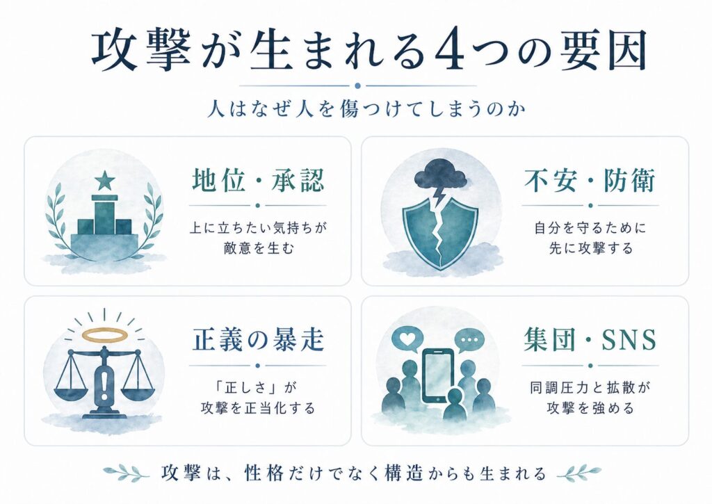 人が人を攻撃する4つの要因を示す図。地位と承認、不安と防衛、正義の暴走、集団とSNSが攻撃を生みやすくする構造を整理している