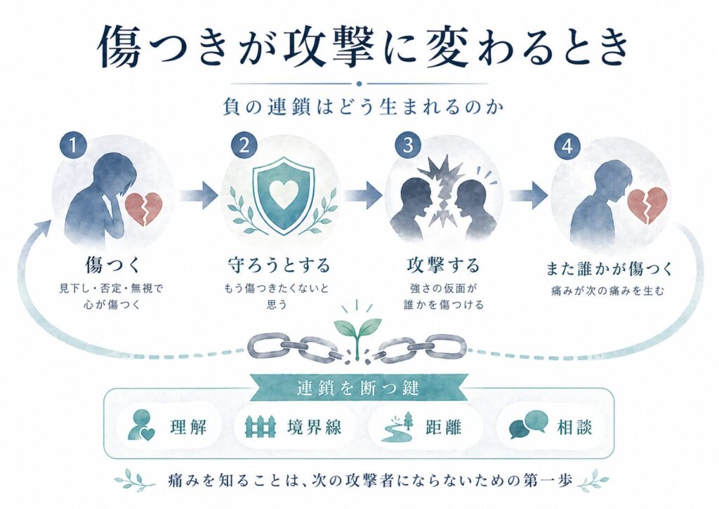 傷ついた人が自分を守ろうとして攻撃に変わり、また誰かが傷つく負の連鎖を示す図。理解、境界線、距離、相談が連鎖を断つ鍵として描かれている