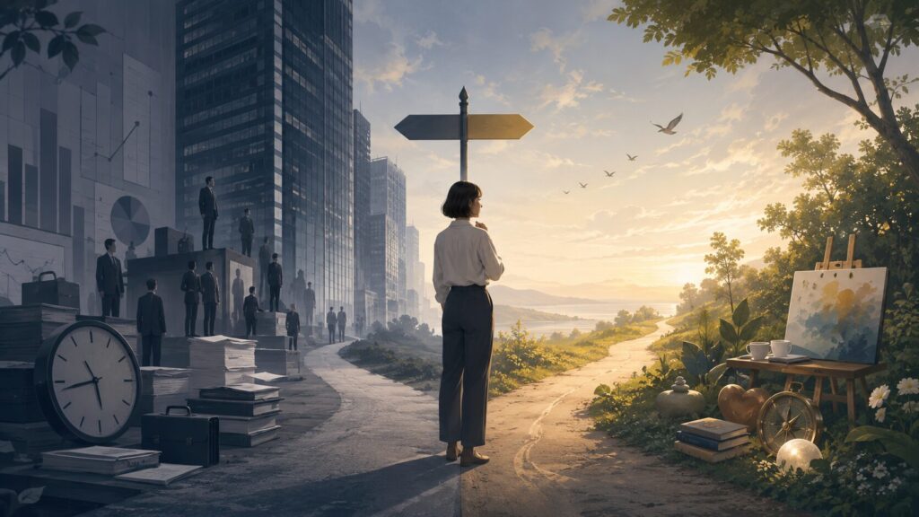 会社や社会の期待と、自分の価値観に合う働き方の間で立ち止まり考える人のイメージ