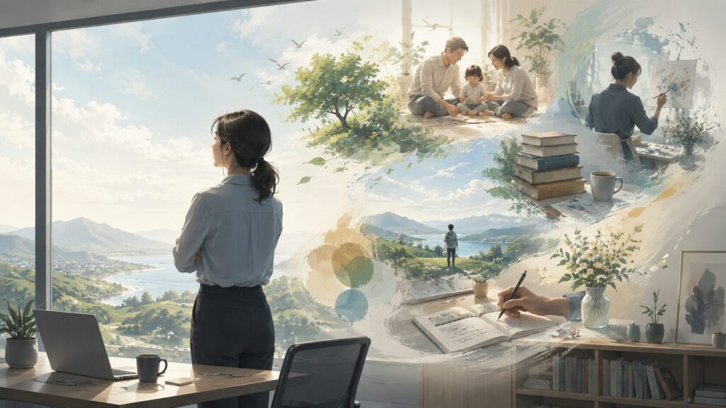 仕事だけでなく、家族、学び、創作、自然、生活との調和を見つめながら働き方を考える人のイメージ