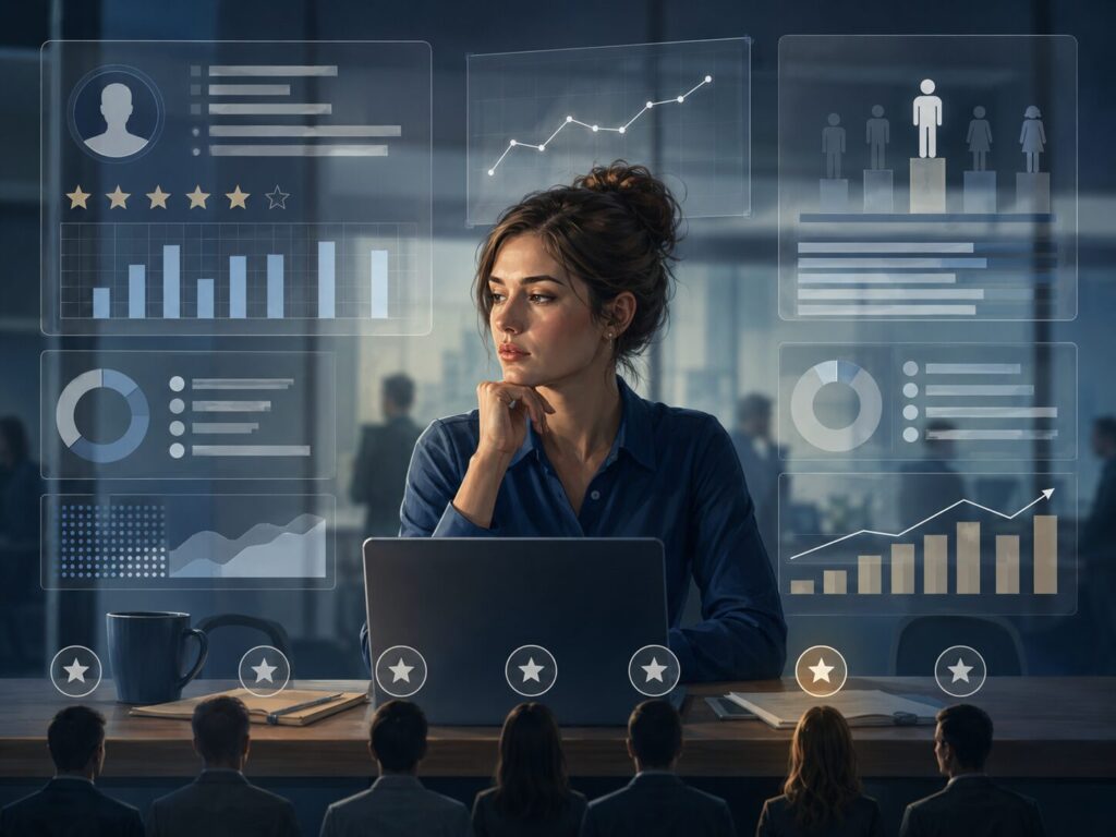 会社の評価制度や数字、KPIによって働く人が比較されるイメージ