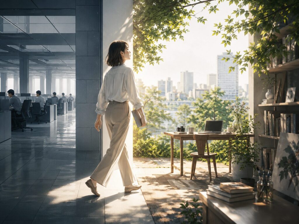 会社の仕組みから少し距離を取り、自分らしい働き方を見つめ直す人のイメージ