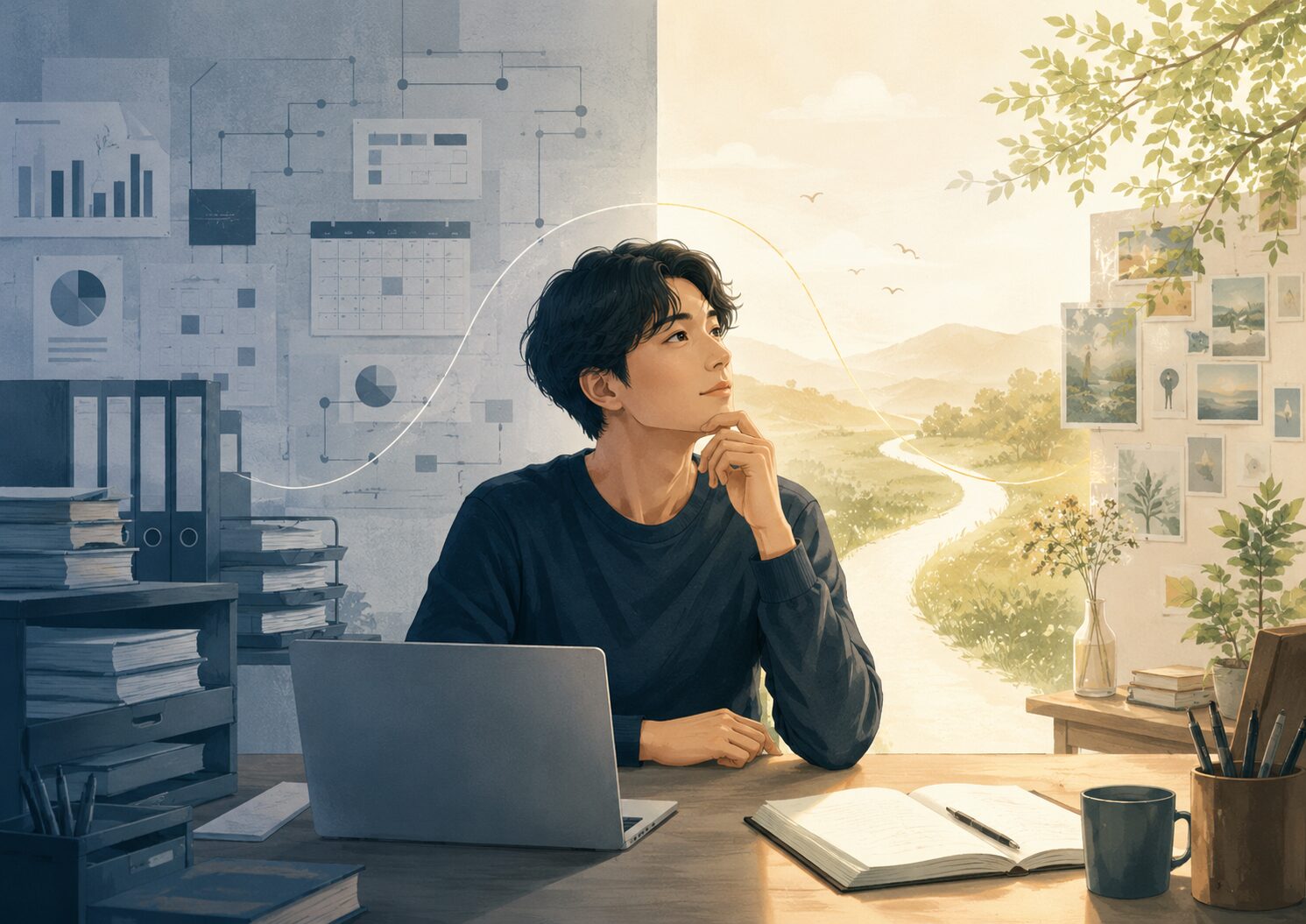 会社の仕組みと自分らしい働き方の間で、自分に合う働き方を考える人のイメージ