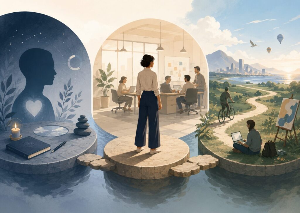 自分の内側、会社の中、会社の外という3つの視点から働き方を考える人のイメージ