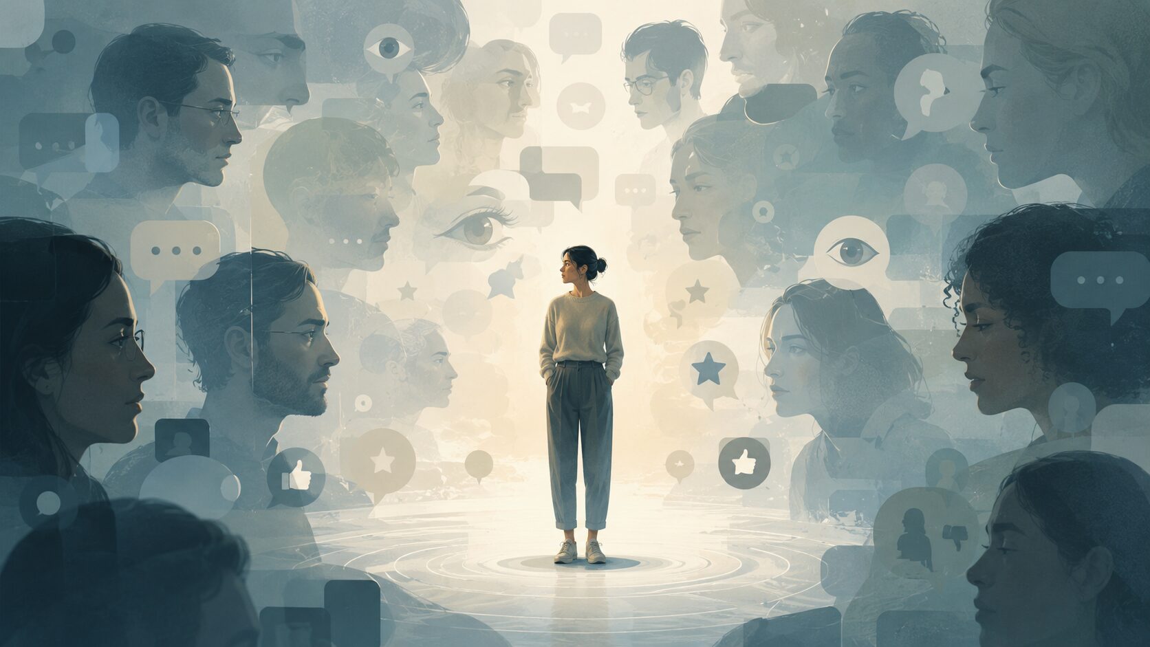 他人の視線や評価に囲まれながら、自分の立ち位置を考える人のイメージ