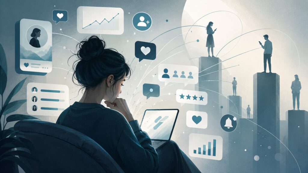 SNSのいいねやフォロワー数、評価指標を見ながら他人と比較してしまう人のイメージ