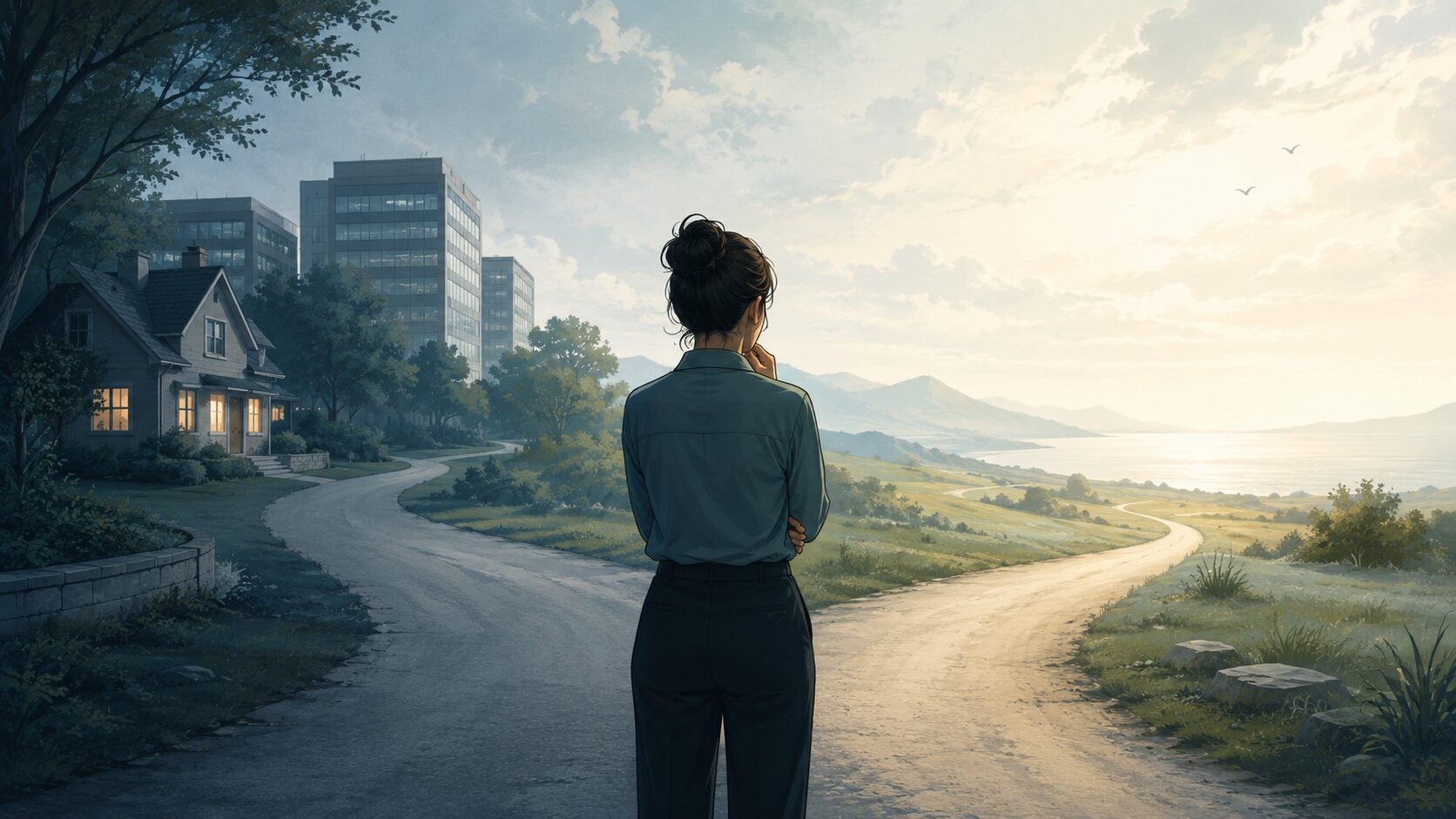 安定した道と未知の道の分かれ目に立ち、これからの選択を考える人のイメージ