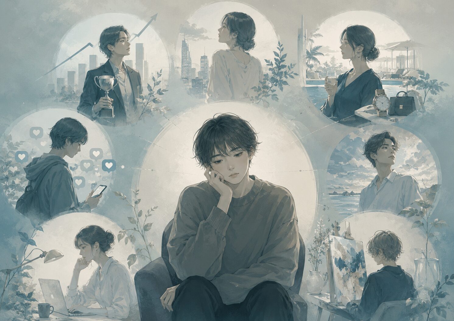 周囲の成功や暮らしと自分を比べてしまい、静かに考え込む人のイメージ