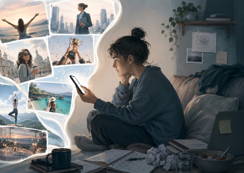 SNSで見える他人の華やかな一部と、自分の日常の現実を比べてしまう人のイメージ