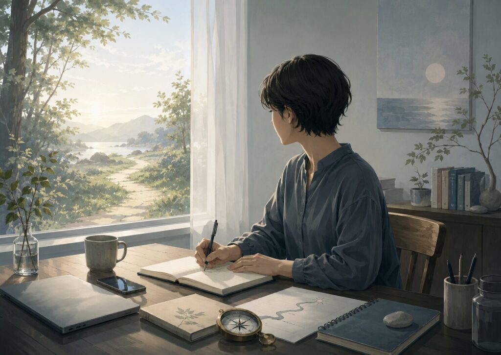 他人との比較から少し離れ、ノートを書きながら自分の基準を見つめ直す人のイメージ