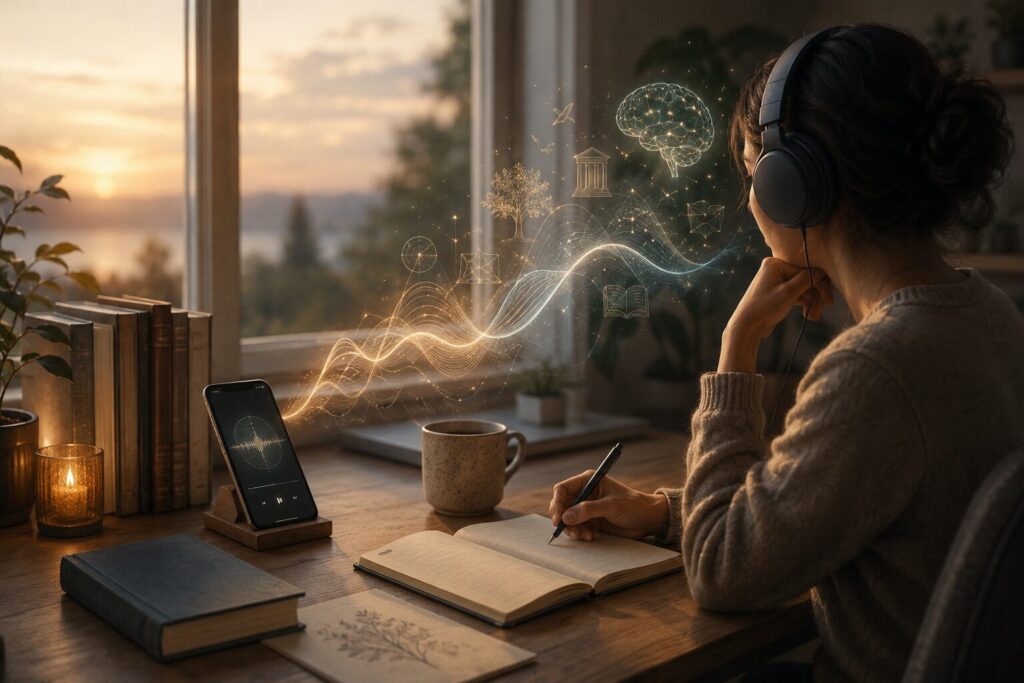 Audibleで聴いた内容をメモしながら学びに変えていくイメージ