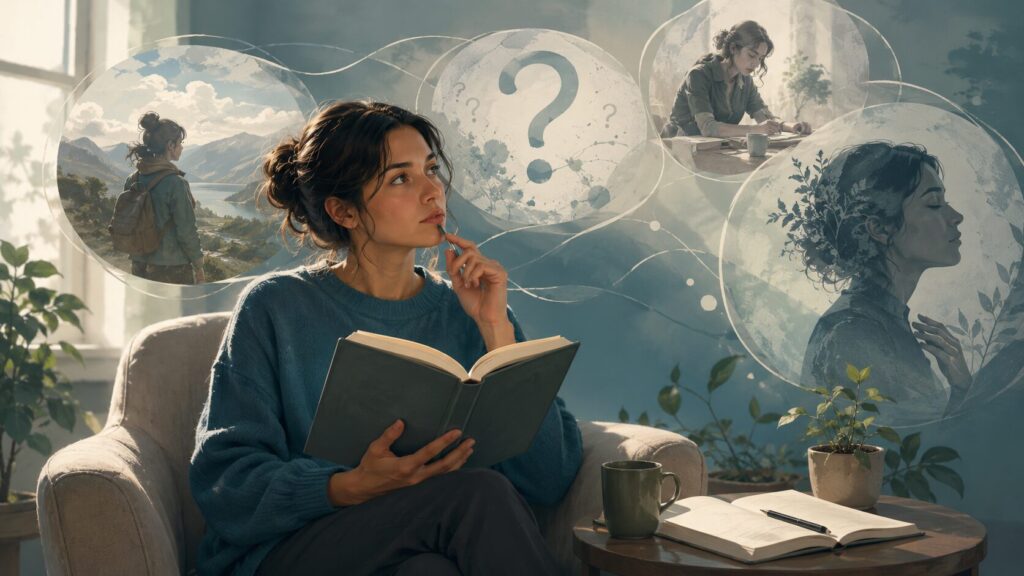 本を読みながら自分の問いや経験と向き合い、知識を自分ごととして考える人のイメージ