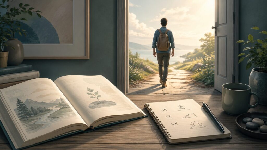 開いた本とノートの先にある明るい道へ歩き出し、読書を行動につなげる人のイメージ