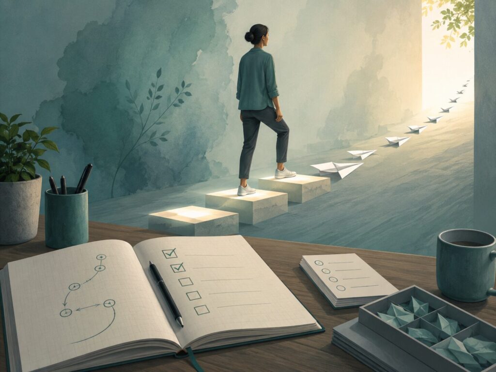 ノートで計画を立てながら、小さなステップを一つずつ進む人のイメージ