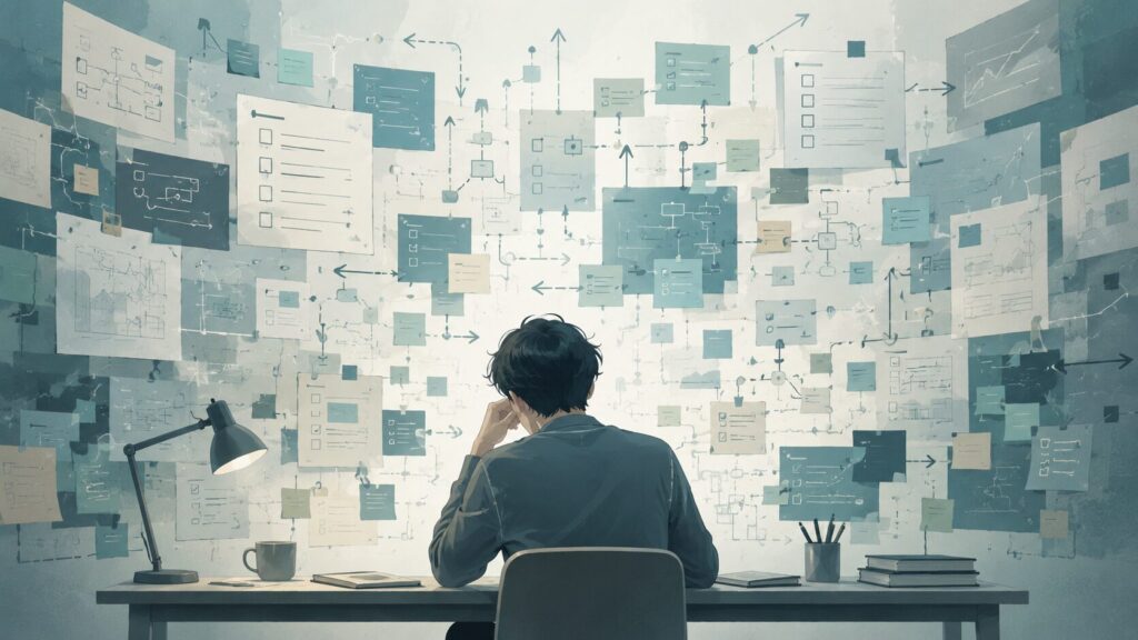 大量のチェックリストや計画に囲まれ、準備を重ねすぎて行動できなくなっている人のイメージ