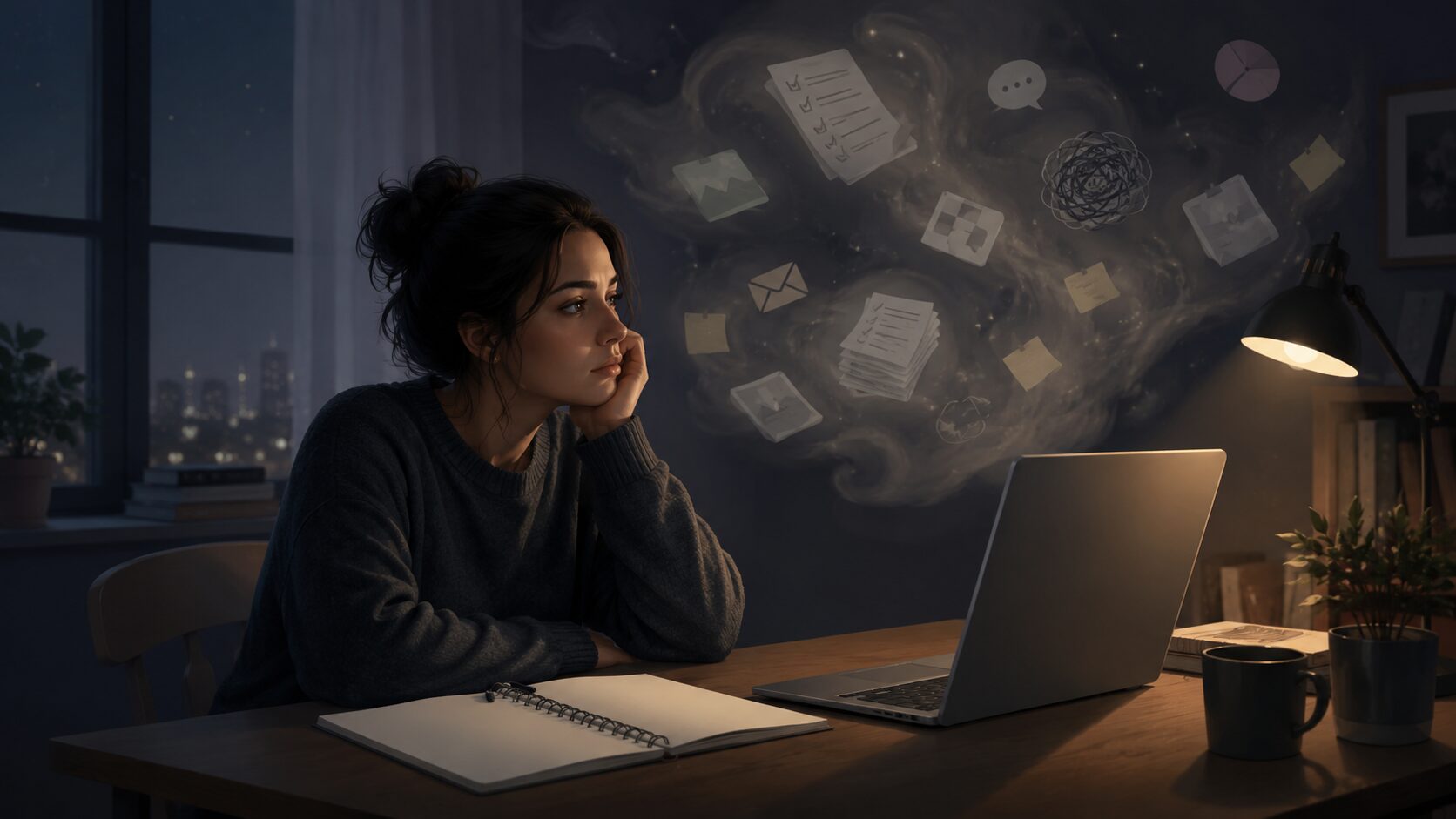 夜の机でノートとパソコンを前にしながら、やるべきことに向き合えず考え込む人のイメージ