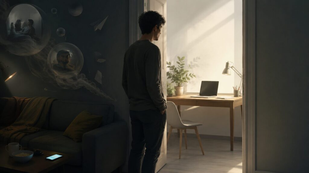 暗い部屋から明るい作業部屋へ入る前に立ち止まり、行動することをためらう人のイメージ