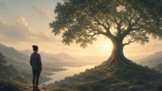 夕暮れの丘で大きな木を見つめながら、自分らしい人生について考える人のイメージ