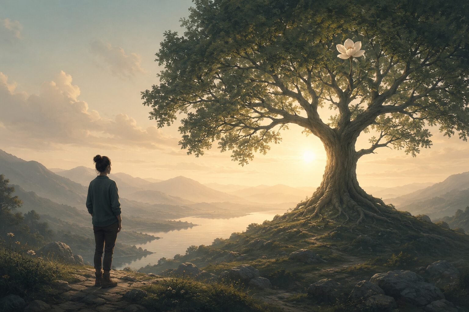 夕暮れの丘で大きな木を見つめながら、自分らしい人生について考える人のイメージ