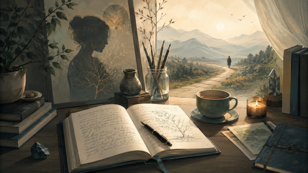 机の上のノートに木の根を描きながら、自分の価値観や人生の方向性を振り返るイメージ