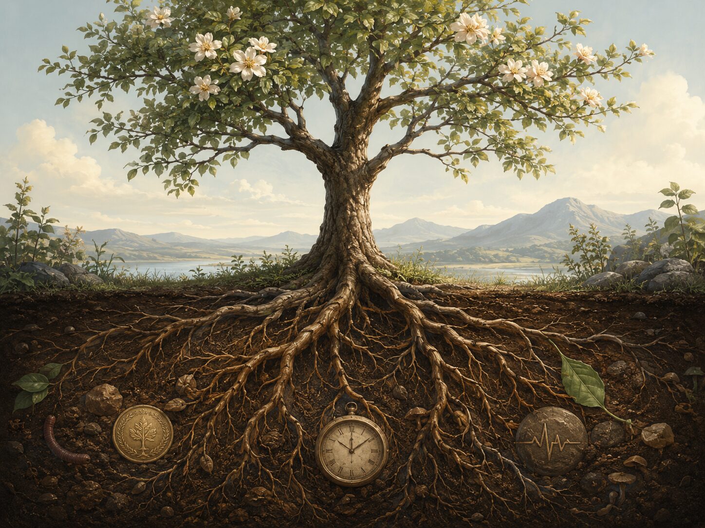 根を広げる木の土の中に、お金、時間、健康を表す象徴があり、生きる土台が人生全体を支える様子