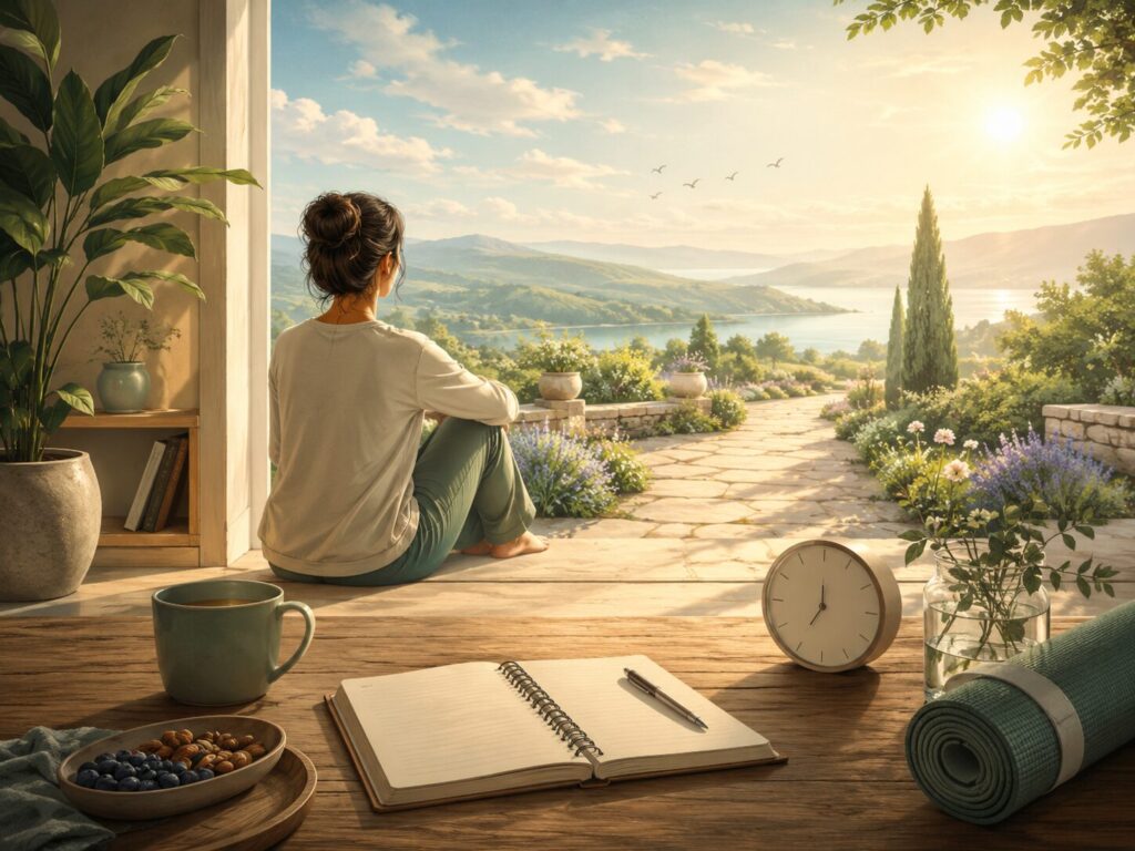穏やかな部屋から明るい景色を眺めながら、時間と健康の余白を取り戻している人のイメージ