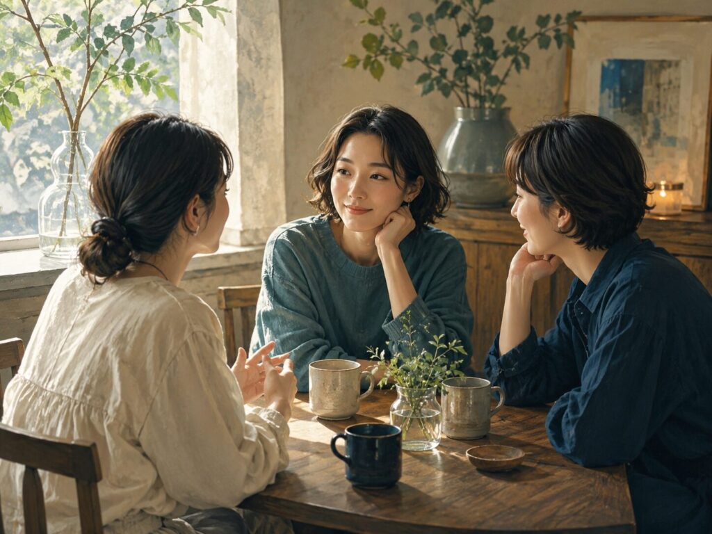 窓辺のテーブルで3人が穏やかに会話し、安心して自分を出せる身近な関係を表したイメージ