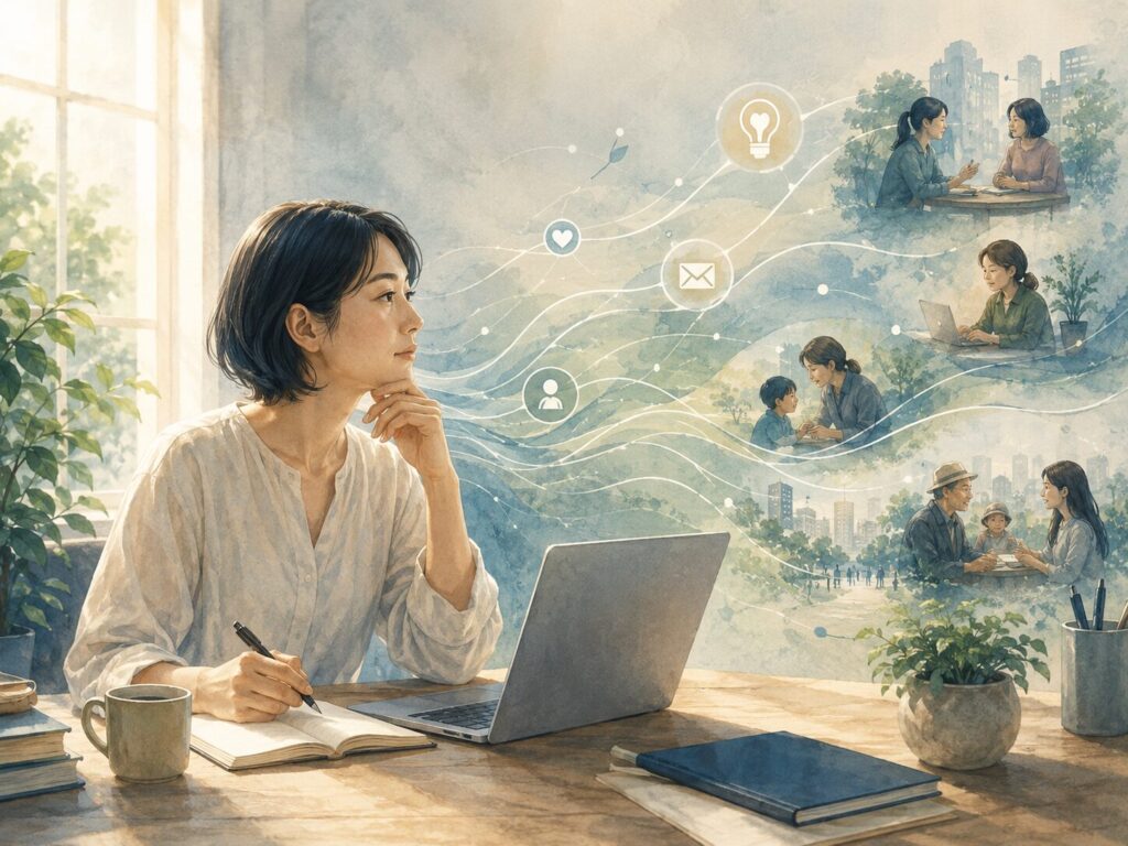机でノートとパソコンに向かいながら、仕事や発信を通じて社会とつながる人のイメージ