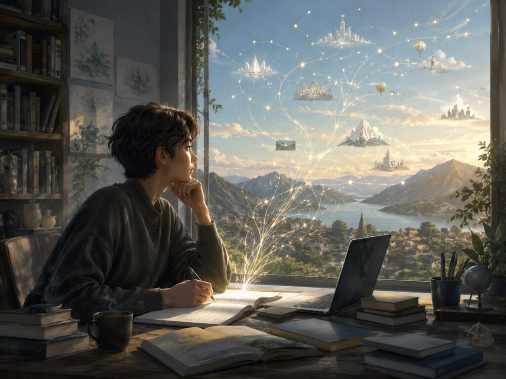 机で本やノートを開きながら、知識によって新しい世界や選択肢が広がっていく様子
