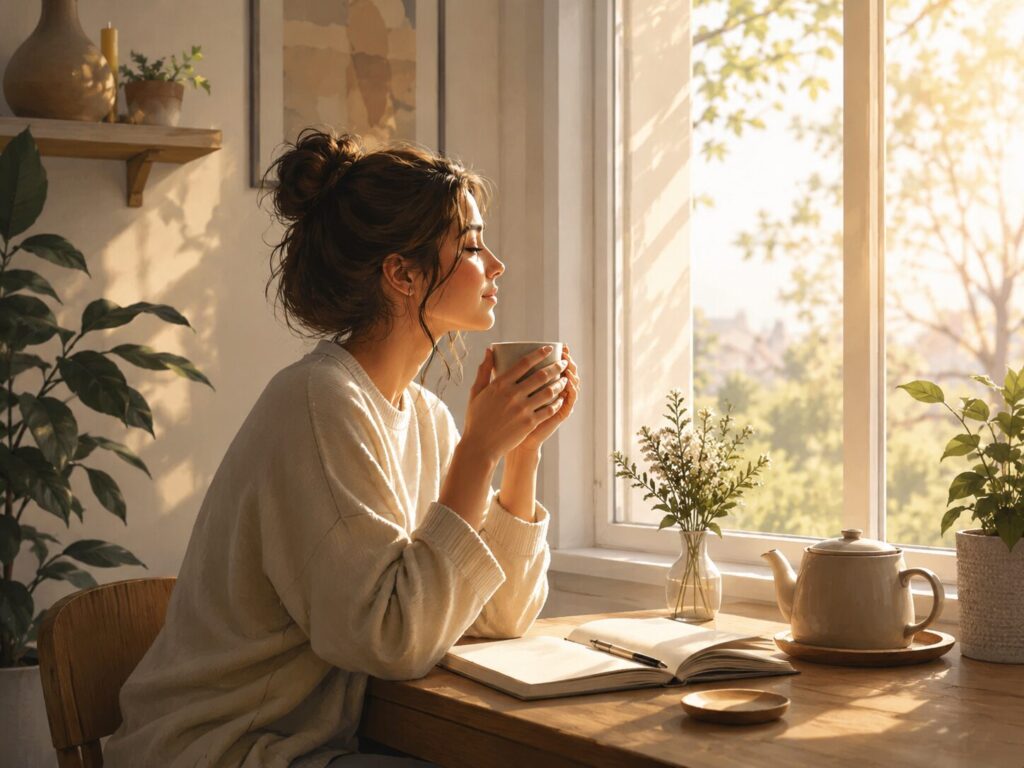 窓辺でお茶を飲みながら、静かな朝の時間を味わっている人のイメージ