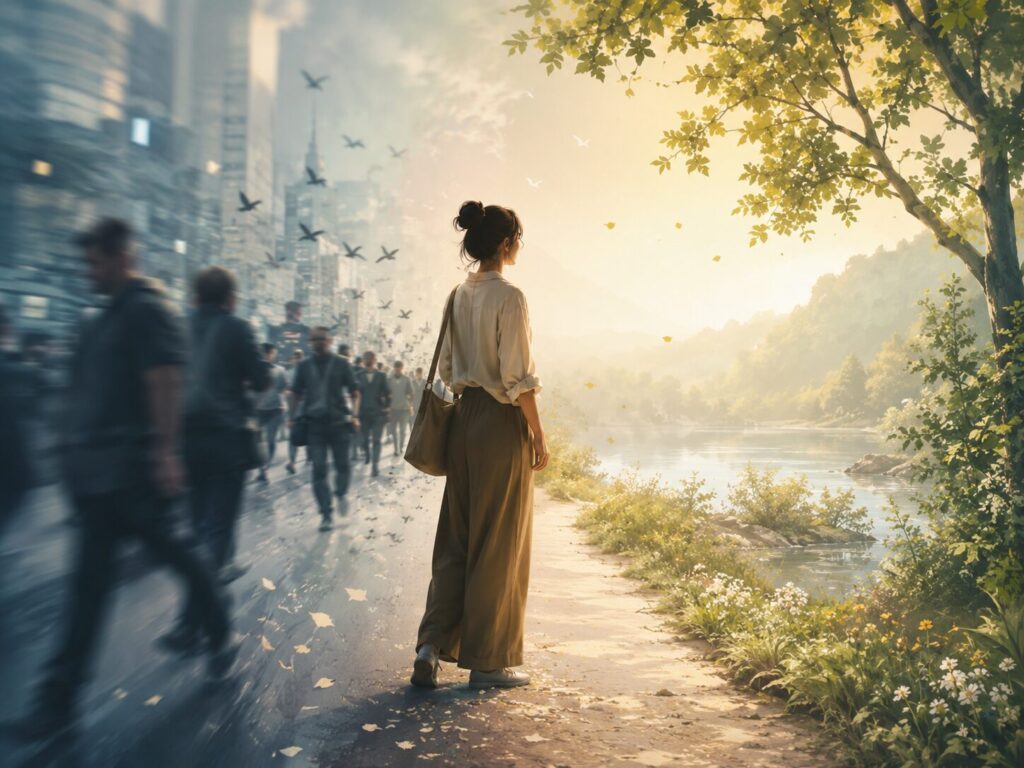 忙しい街の流れから立ち止まり、穏やかな自然の光へ向かう人のイメージ
