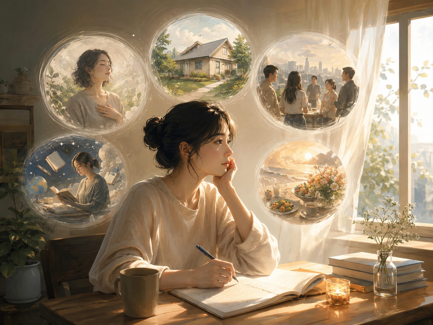 ノートに向かう人が、自分を知ることや人との関係、学び、暮らし、人生を味わう時間を思い浮かべている様子