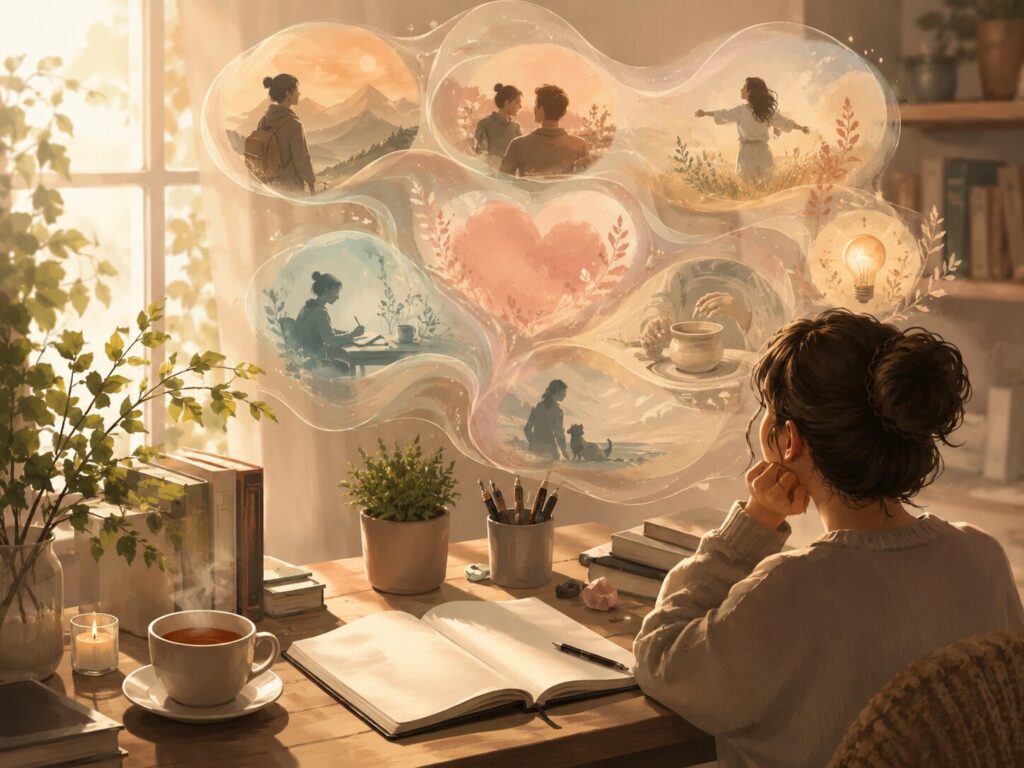 机に向かう人が、ノートを開きながら好きなものや過去の経験を静かに振り返っている様子