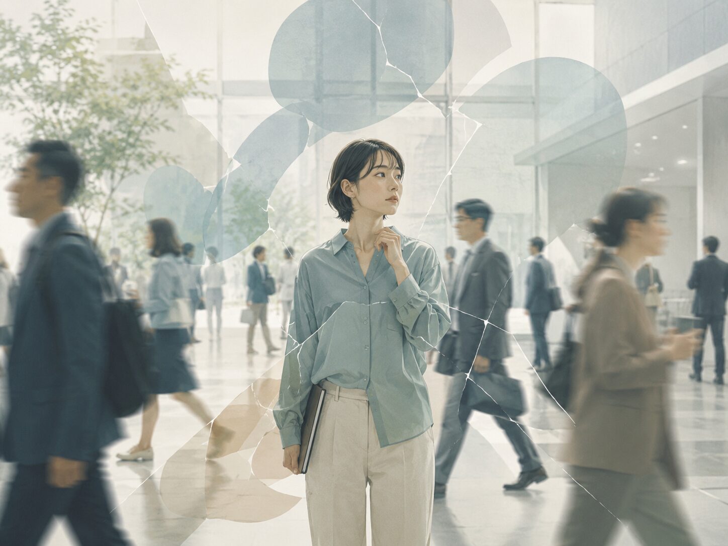 人混みの中で一人静かに違和感を抱える人物のイメージ