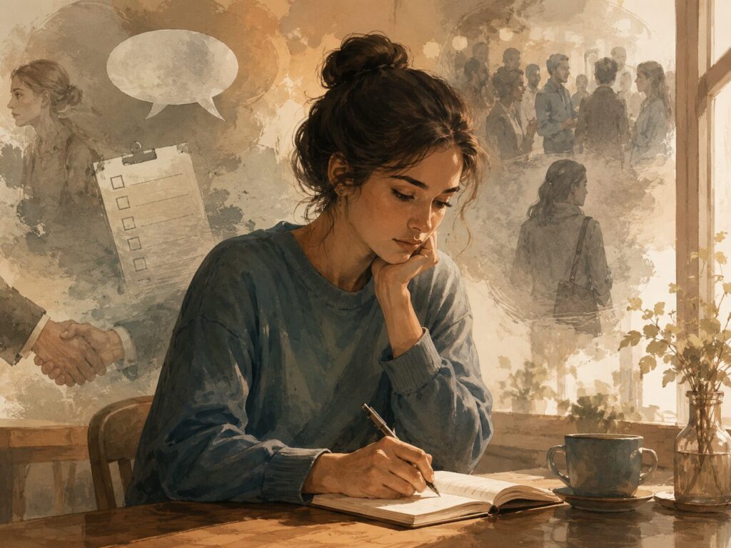カフェで自分の気持ちや違和感を書き出して整理する人物のイメージ