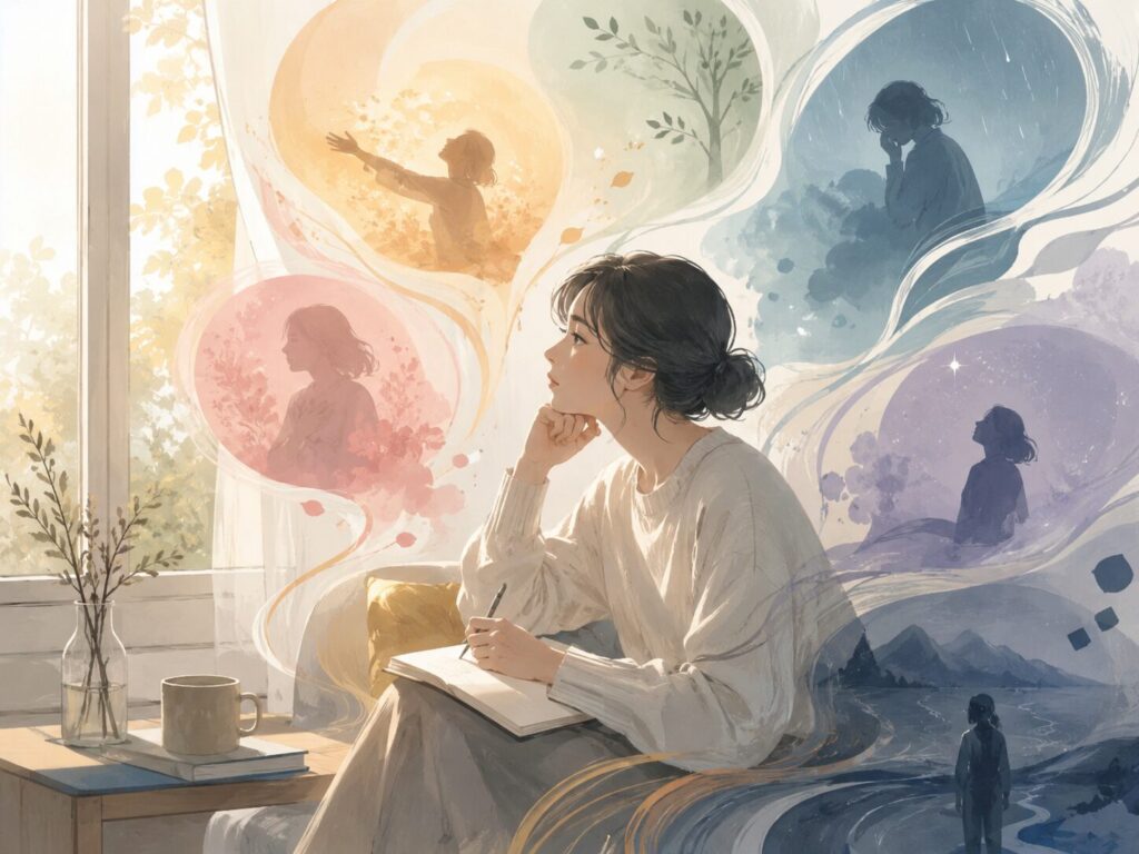 光と反射の中で自分の感情を見つめる人物のイメージ