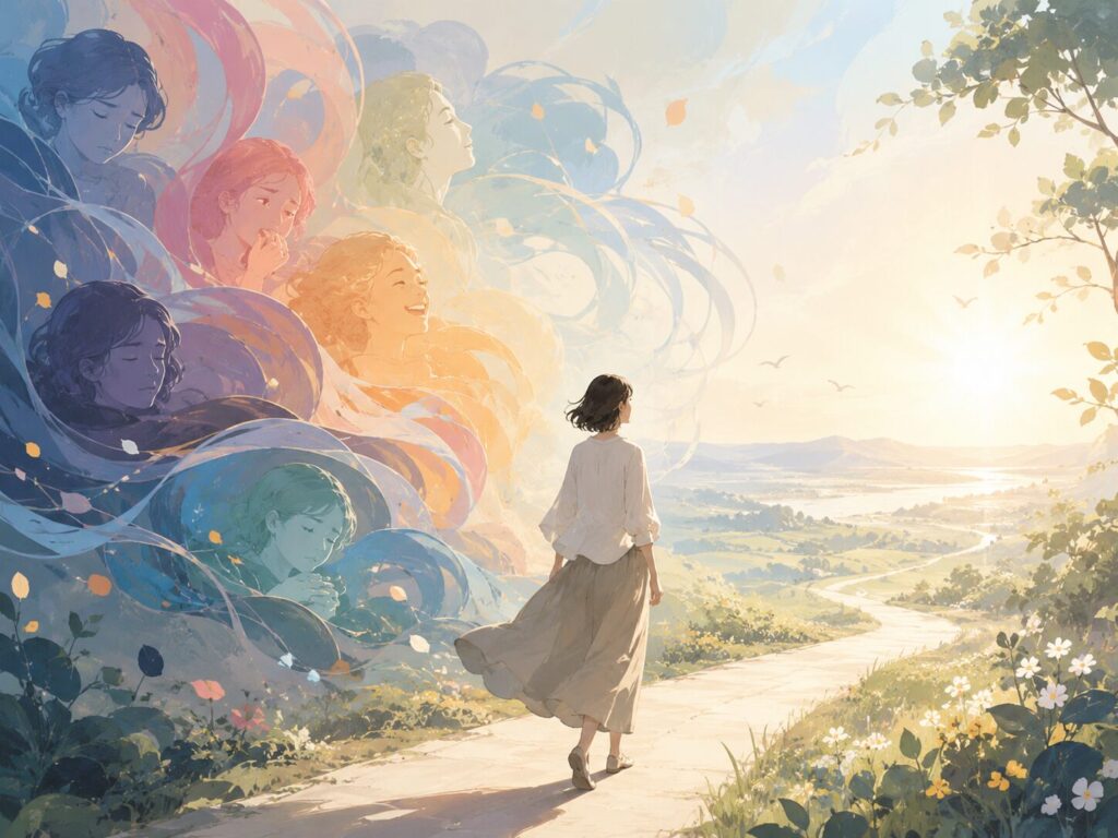 感情と向き合いながら前に進んでいく道を描いたイメージ