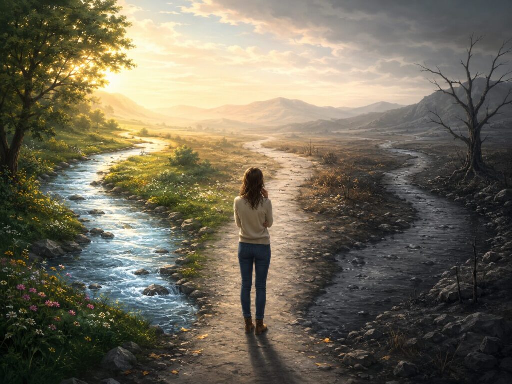明るい道、普通の道、暗い道に分かれる場所で、自分の時間の使い方を考えている人物