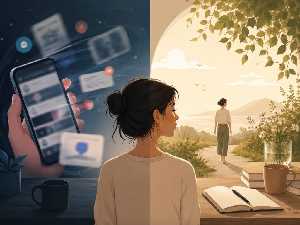 スマホの通知に流される時間と、自然の中で意図的に過ごす時間の対比