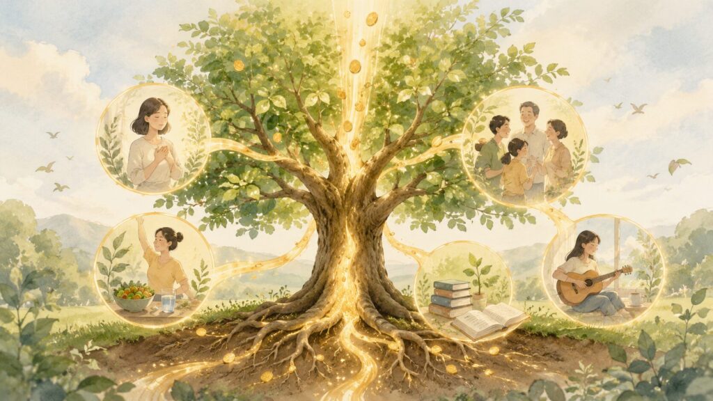 お金の流れが木の根や枝に広がり、健康、学び、人間関係、自己理解、人生を味わう時間を支えているイメージ