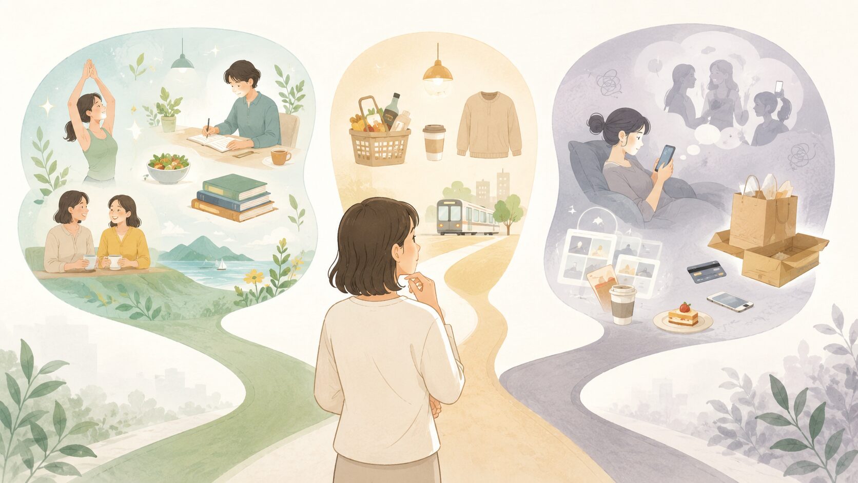 朝の光が入る部屋で、ノートやお金を見ながら自分のお金の使い方を見直している人物